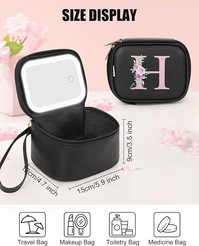 Relavel Mini Makeup Bag with Led Mirror for Mothers Day Gifts, Initial Cosmetic Bag with 3 Lighting Modes, Personalized Travel-Size Bag, Preppy Make Up Pouch for Trip - Black H