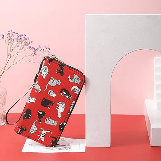 Unisex Zip Around Wallet for Adults Teens Cats Pattern Coin Pouch Cash Pocket PU Leather Wallets Card Holder Organizer Designer Purse with Wristlet Strap