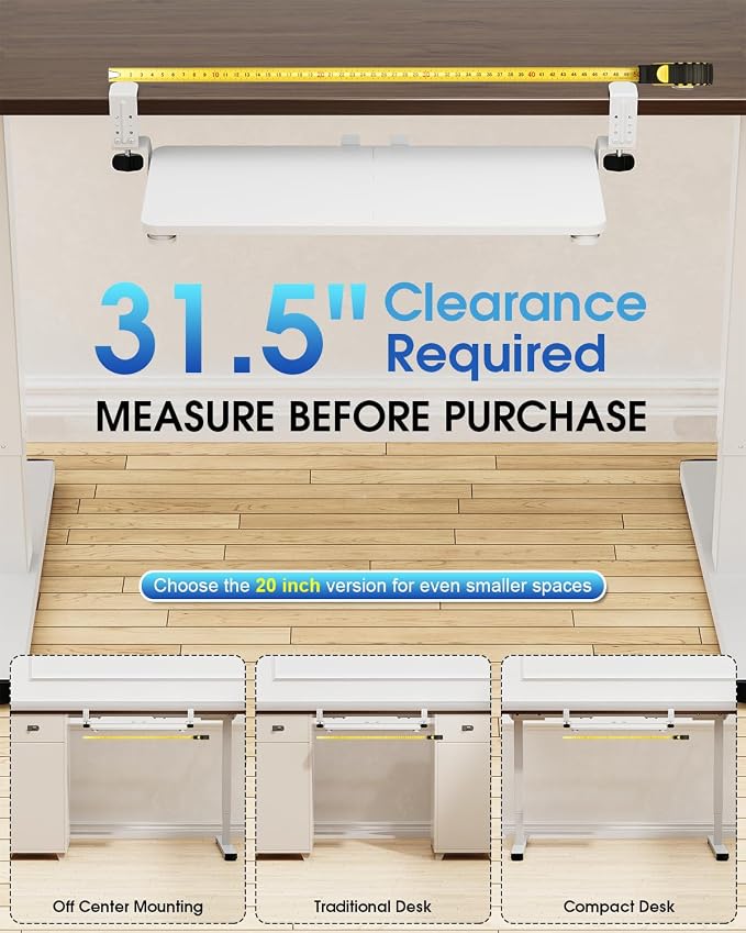 Large Keyboard Tray Under Desk, Pull Out Keyboard & Mouse Tray with Adjustable C-clamp, 25.6(31.5 Including Clamps) x 11.8 Inch Slide Out Computer Keyboard Drawer Mouse Tray for Typing, White