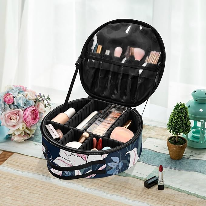 senya Round Cosmetic Pouch Travel Makeup Train Case Vintage Flower Ornament Makeup Organizer Bag with Adjustable Dividers Portable for Cosmetics Makeup Brushes Toiletry Jewelry Accessories