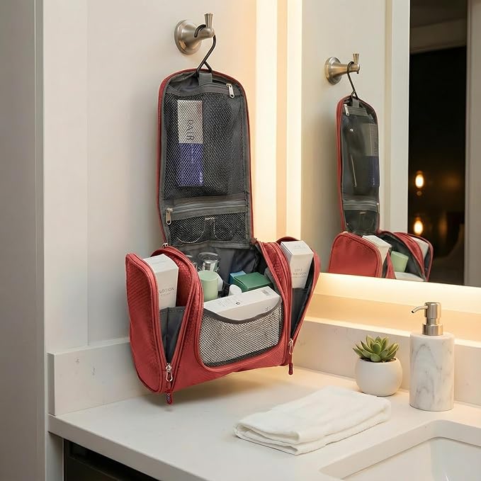 Bago Travel Toiletry Bag for Women and Men - Large Waterproof Hanging Large Toiletry Bag for Bathroom and Travel Bag for Toiletries Organizer - Makeup Bag (Red)