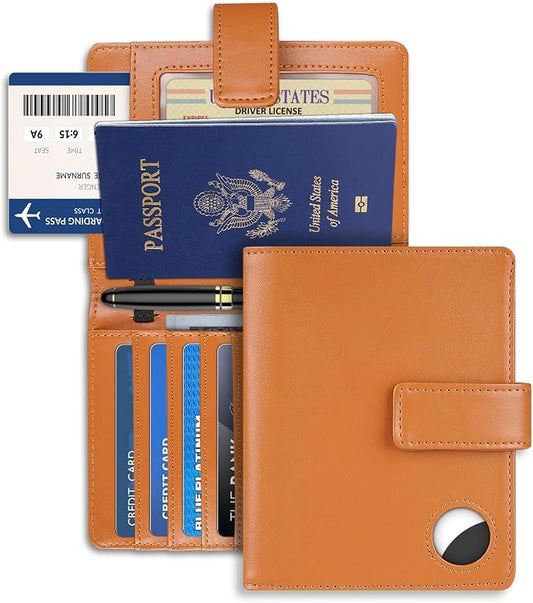 Passport Holder Wallet Cover Case for Women and Men,RFID Blocking,Passport Case with AirTag Slot,Travel Accessories (Brown)