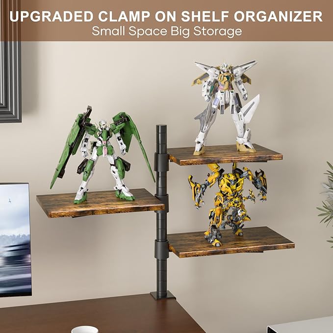 3 Tier Clamp On Desk Shelf - Over Or Under Table Clamp Shelf,360° Rotatable Desk Storage for Home Office, Gaming Devices,Storage Tray,and More, Rustic Vintage Brown Desktop Shelves