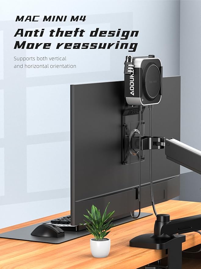 with Combination Security Lock 2024 Mac mini M4 VESA Computer Monitor Mount Bracket for Anti-Theft Server Rack Extension Plate Adapter, Compatible 75X75/100X100MM Hole distance-AJM4GS-BM