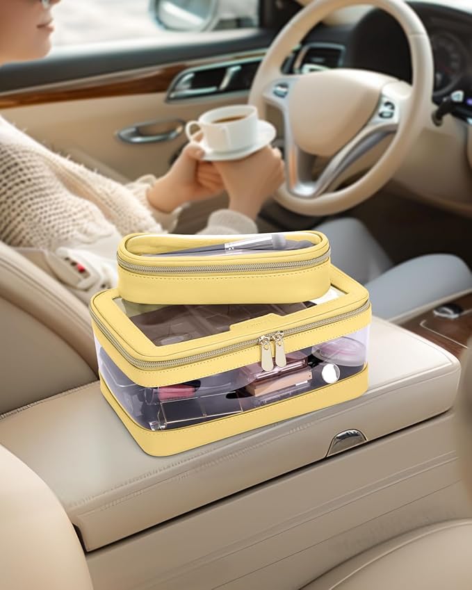 Soimeat Travel Clear Makeup Bag with Makeup Brush Bag, Leather Makeup Case Toiletry Bag, Portable Cosmetic Bag Case, Transparent Waterproof Cosmetic Organizer Storage Bag for Women, Yellow