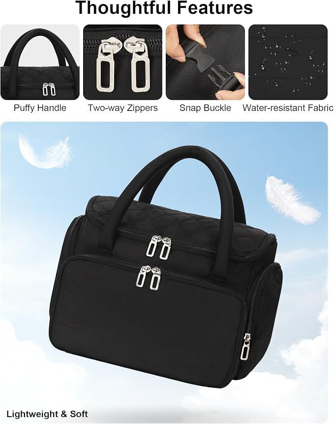 Travel Toiletry Bag for Women with Hanging Hook, Large Wide-open Travel Bag with 2 Removable Dividers, Puffy Makeup Bag Organizer with Compartments for Full Sized Container, Cosmetics, Toiletries