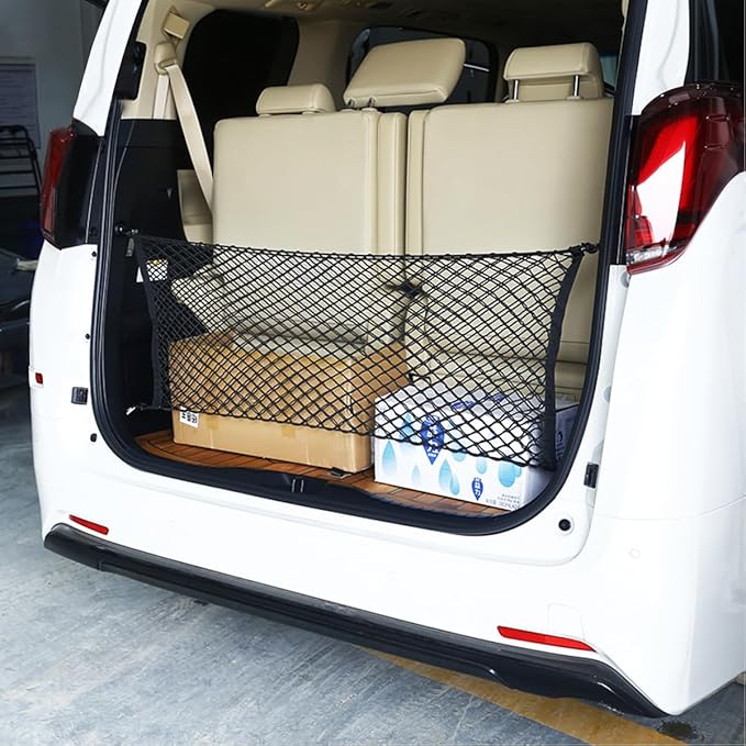 Car Rear Cargo Net, Adjustable Elastic Vehicle Double-Layer Mesh Storage Bag with Hooks, Stretchable Automotive Trunk Organizer Net, Universal for Sedan, RV, Truck (35.43" x 15.74")