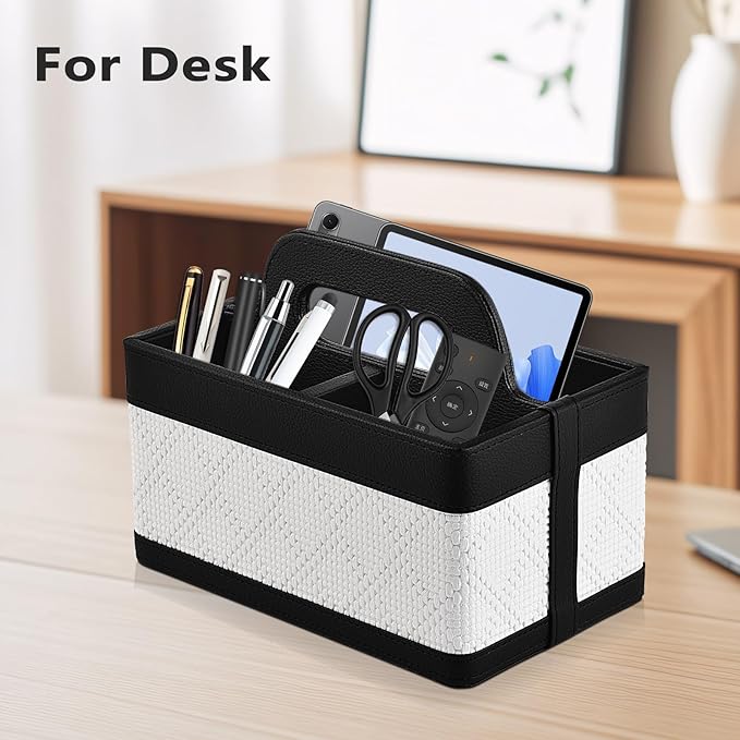 Desk Organizer Caddy with Handle-Portable PU Leather Remote Control Holder-Nightstand Dresser Tote Storage for Sunglasses,Comb,Small iPad,Pen,Heater Controllers,Cosmetics and Office Supplies