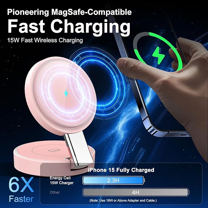 3 in 1 Magnetic Wireless Charging Station for iPhone 17/16/15/14/13/12 Series, Apple Watch and AirPods, MagSafe-Compatible 15W Fast Charging Stand, Foldable Adjustable Travel Charger, Pink