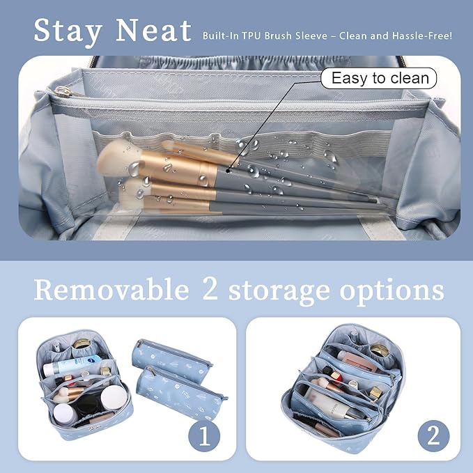 BOYATU Travel Makeup Bag Cosmetic Bags for Women: 3 Pcs Set Portable Make up Bag with Handle - PU Leather Toiletry Bags with Compartments - Makeup Organizer for Travel Essentials(L-2-Blue)