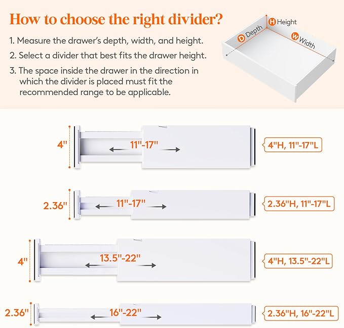 Lifewit 16 Pack 4" High Drawer Dividers 28-43.5cm/11-17" Adjustable Drawer Organizer for Clothes/Utensils, Expandable Drawer Separator in Dresser/Kitchen/Bedroom/Office Organization & Storage White