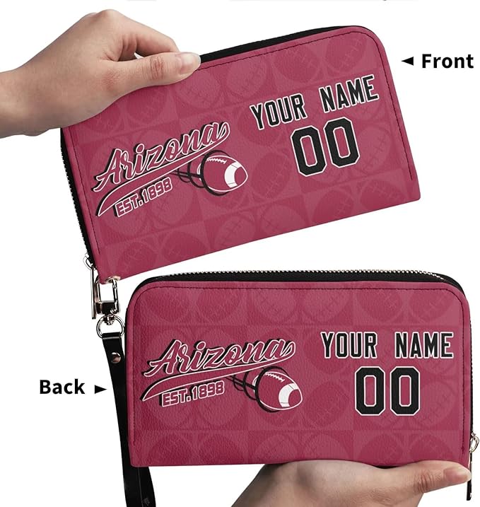 Custom Sports Team Zip Organizer Wallet-Personalized PU Leather Wristlet Wallet with Name Number,Multi-Card Slots,Wrist Strap,Fan Gift for Men Women.