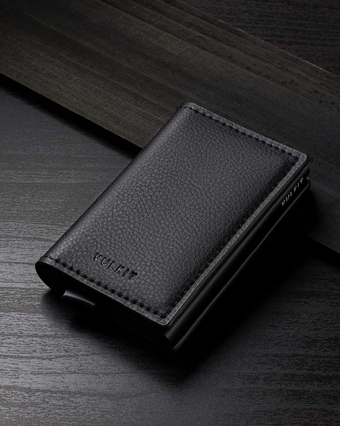 VULKIT Credit Card Holder RFID Blocking Leather Automatic Pop Up Wallet Aluminum Pocket Business Card Case