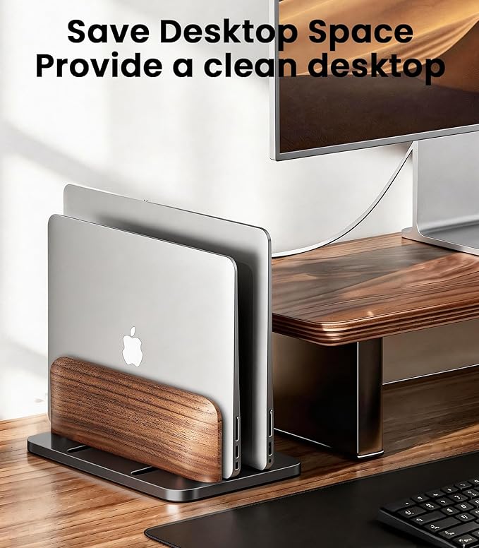 Vertical Laptop Stand, [Dual Slot Wooden + Aluminum Laptop Holder], Desktop Adjustable MacBook Stand, Adjustable Base, for MacBook Pro/Air, (up to 17.3-inch All laptops)