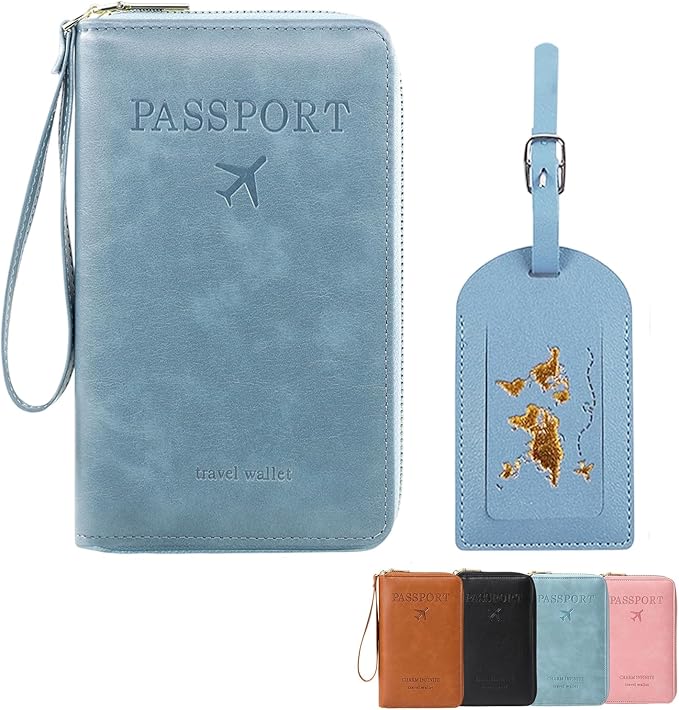 Multi-Functional RFID Passport Wallet Set, Blocking Passport Holder Travel Wallet, Holds Phones, Anti-Theft Protective Case with Multiple Card Pockets for Secure Travel Essentials (Blue)