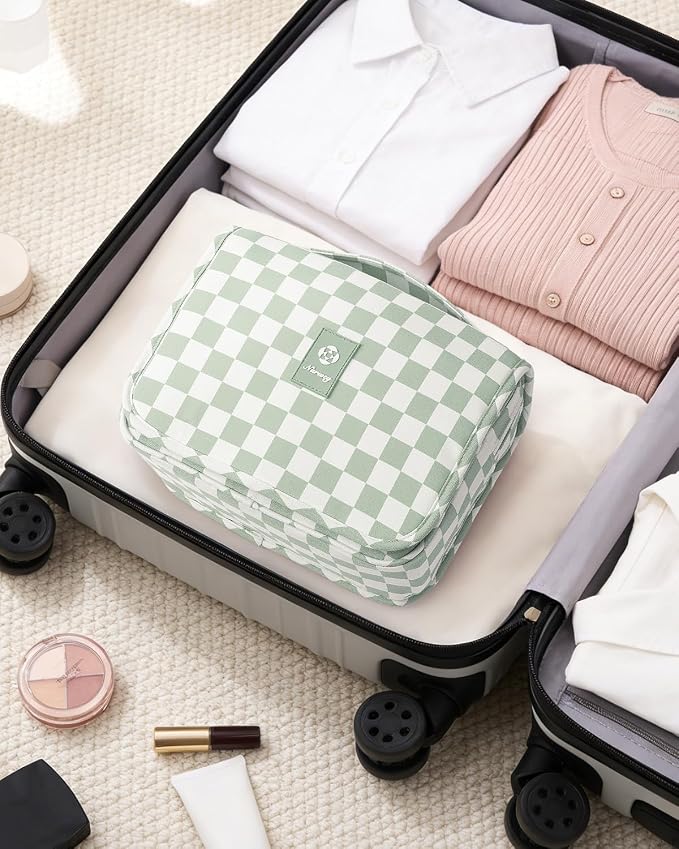 Narwey Small Hanging Travel Toiletry Bag for Traveling Women, Checkered Travel Bag for Toiletries, Makeup Bag Organizer Make Up Cosmetic Bags, Gifts for Kids Teen Girls (Mint Green Checkerboard)
