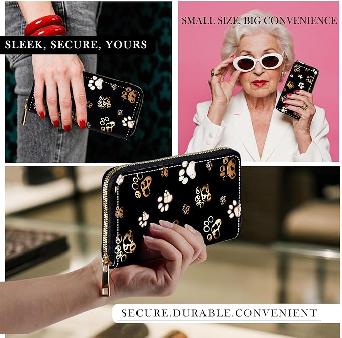 RFID-Blocking Zip Around Wallets for Women with Detachable Wrist Strap,Large Capacity Phone Holder with Card Organizer & Coin Pocket,Cute Dog Paw Prints