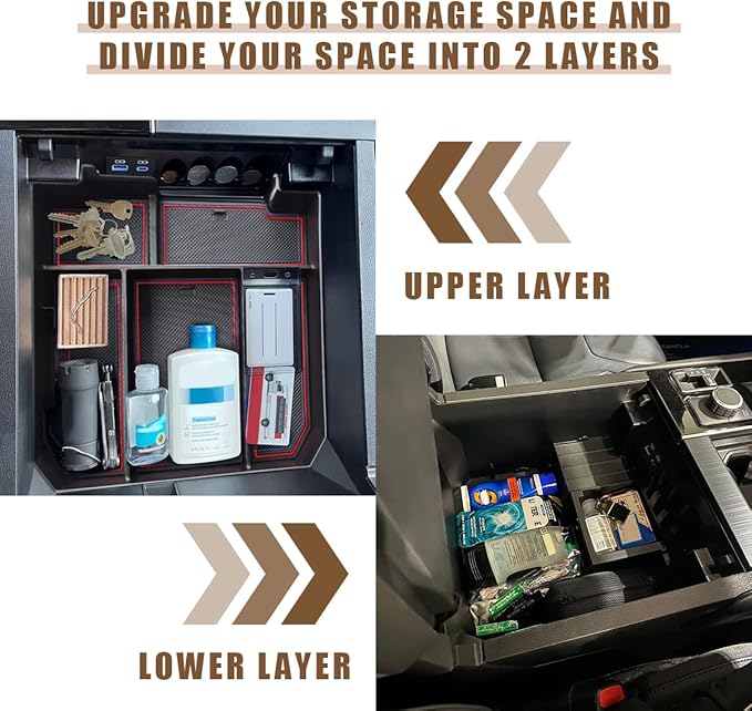 Muslogy Center Console Organizer Compatible with 2022-2025 2026 Toyota Tundra Accessories & 2023-2026 Sequoia Console Storage Box Divider Insert Tray ABS Material with Non-Slip Mats(Rubber Red)