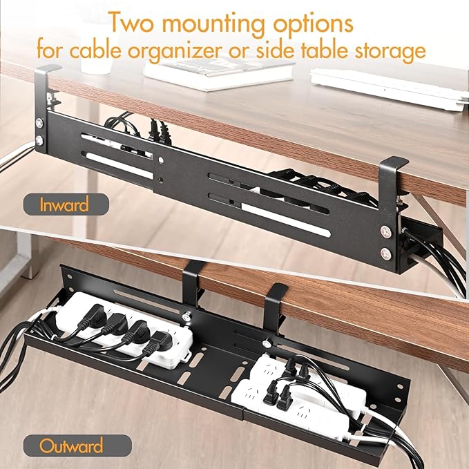 No Drill Under Desk Cable Management Tray, 17”-30” Retractable Cord Organizer for Table, Clamp Mount Wire Basket, Power Strip Holder & Metal Cord Organizer for Office, Home