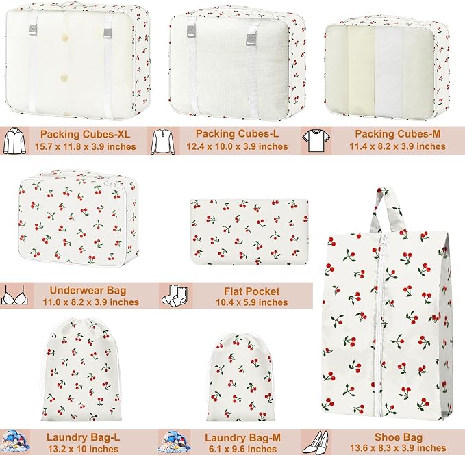 Packing Cubes for Travel - 8 Set Luggage Organizer Bags for Family, Mesh Breathable Packing Cubes for Suitcases Durable Travel Essentials Bags Set (White Cherry)