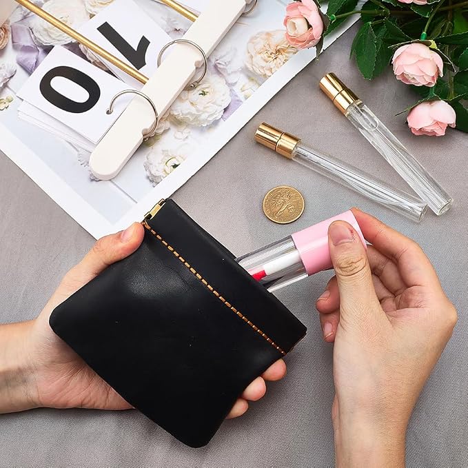 4.72 x 4.02 Inch Genuine Leather Squeeze Coin Purse Pouch Crazy Horse Leather Small Makeup Bag for Purse Snap Closure Organizer Pouch Mini Self-Closing Lipstick Pouchic for Women Men(Black)