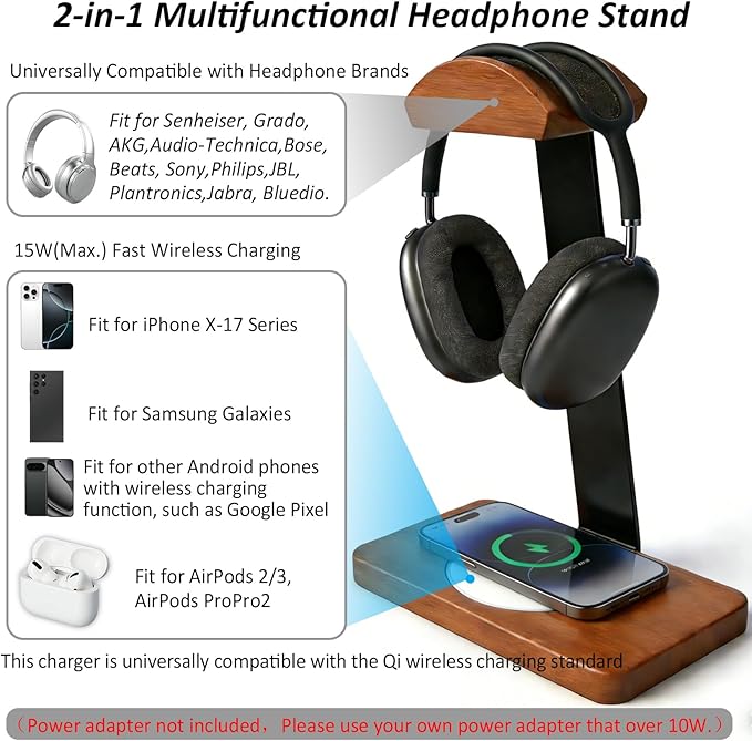 Solid Wooden Headphone Holder with Fast Wireless Charging Pad, Universal Headset Stand for Gaming Desk, Headphone Rack Wireless Charger Compatible with iPhone Samsung with QI Function (White