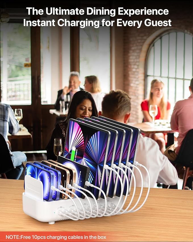 SooPii 100W 10-Port USB Charging Station, 10 USB-C PD Fast Charging Compatible with Phone,lPad,Galaxy, and Other Electronics, 10 Mixed Charging Cables Included (White)