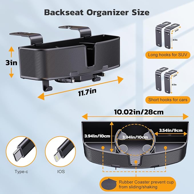 Car Headrest Cup Holder for Back Seat Organizer for Type-c/Lightning Retractable Charging Cables Multi- Hanging Snack Storage Box with Strong Hooks for Kids and Fast Charging for Travel Accessories