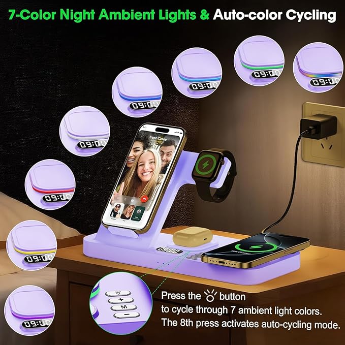 Dual Phone Wireless Charging Station for Apple Devices, Magnetic Charging Station for iPhone with Auto Switch 7-Color Light&Clock,Family Watch Charger for iPhone17 for iWatch11 for AirPods Pro3(Purple