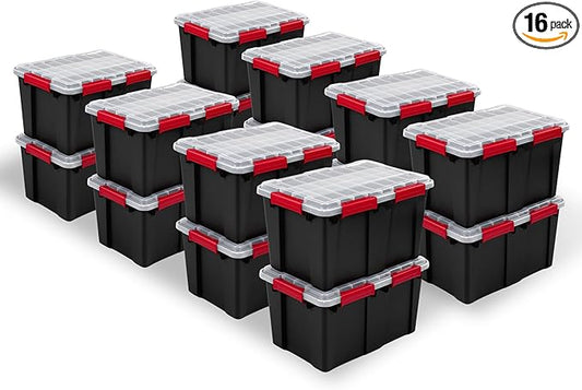 Sterilite 16 Pack Gasket Box, Stackable Plastic 13.5 Gallon Storage Container with Lids, Black - Waterproof and Dustproof Tote for Home Organization