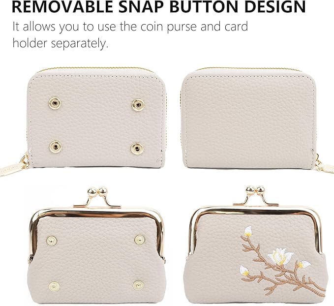 Women's Pebble Leather Wallet, 2-in-1 Zip-Around Credit Card Holder with Kiss Lock Coin Purse, Cute Change Purse with Secure Clasp & Card Slots (Grey, Small)