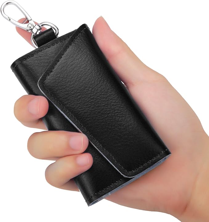 BAKUN Compact Leather Car Key Case, Key Holder Key Organizer Wallet, With 6 Hooks(Black)