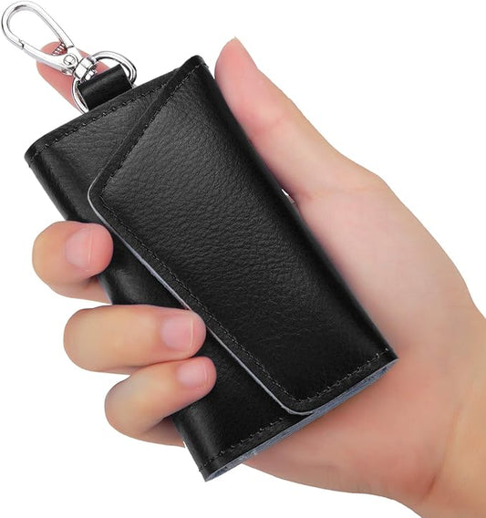 BAKUN Compact Leather Car Key Case, Key Holder Key Organizer Wallet, With 6 Hooks(Black)