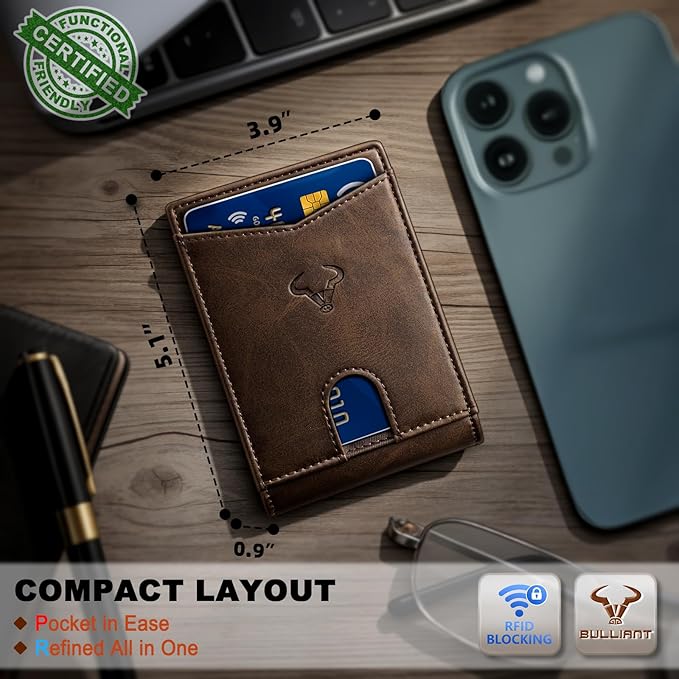 BULLIANT Men Wallet, Slim Leather Wallet Front Pocket Card Holder Gift For Men 11 Slots RFID Blocking
