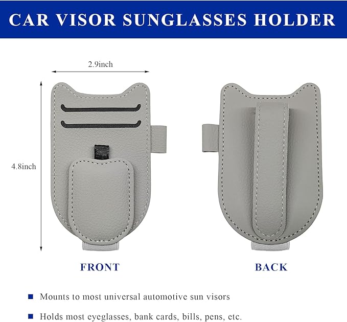 Sunglasses Holder for Car Visor, Magnetic Auto Sun Visor Organizer with Ticket & Pen Clip, Multi-Pocket Leather Eyeglass Clip Interior Accessories for Most Vehicles (Gray)