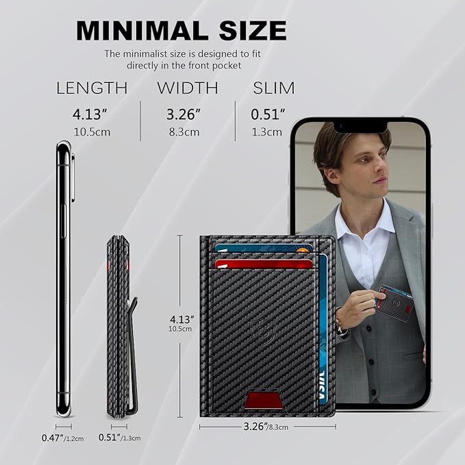 Wallet for Men 14-16 Cards, Men's Leather Wallet, Minimalist Thin Card Holder RFID Blocking Money Clip with Simplified Bill Folder & Magnetic Closure, Gifts for Men, Carbon Fiber