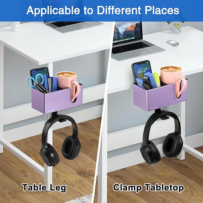 Rosyline 3-in-1 Desk Cup Holder & Clip-on Cup Holder, Clip on Desk Organizer – with Anti-Spill Function, Keeps Your Coffee, Headset, Phone & Pens Within Easy Reach, for Office Desk (Purple)
