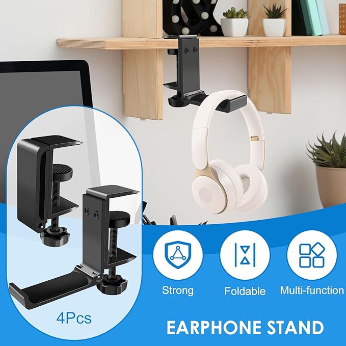 4PCS Headphone Stand Hanger Holder, Foldable Aluminum Desk Headphone, Universal Space Saving Headset Stand Multifunctional Under Desk Hanger for Home Office