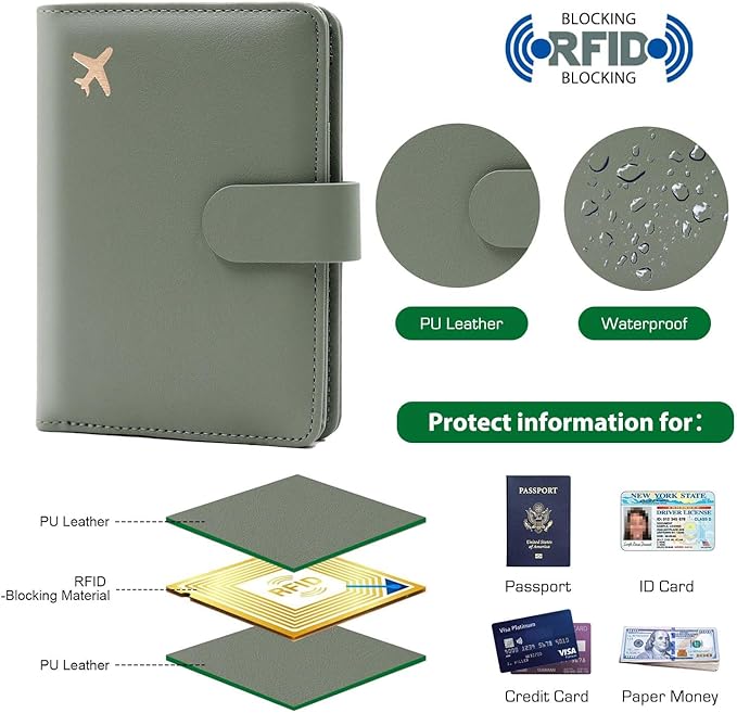 Melsbrinna Rfid Passport Holder for Travel women/Men Set Travel Suitcase Tag, Cute Passport Wallet Rfid Blocking Card Slots, Rfid Passport Cover/CaseTravel Wallet (A-mossgreen)