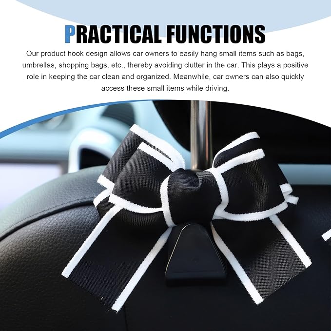 2 PCS Car Seat Headrest Hooks, Cute Bow Hooks Decor, High-Load Hanger for Purses Umbrellas, Car Interior Decoration Accessories for Women, Girls (Black & White)