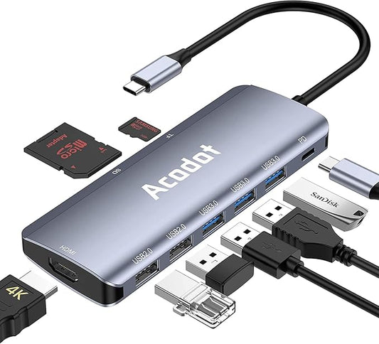USB C Hub, Acodot 9-in-1 USB C Dongle, All-in-One USB C Hub Multiport Adapter with 3 x USB 3.0 ports, 4K HDMI, 100W Power Delivery, MicroSD/SD Card Reader for MacBook Air, MacBook Pro, XPS
