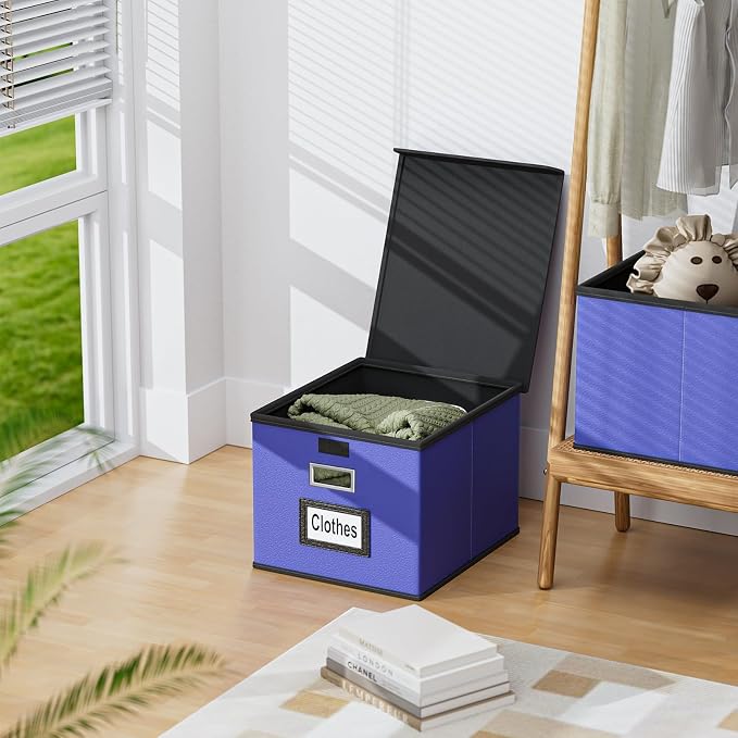 File Organizer Box with Lid, Collapsible Leather File Folder Organizer for Office Document Storage, Filing Box with Plastic Slide for Letter/Legal Size Hanging Files,Navy Blue