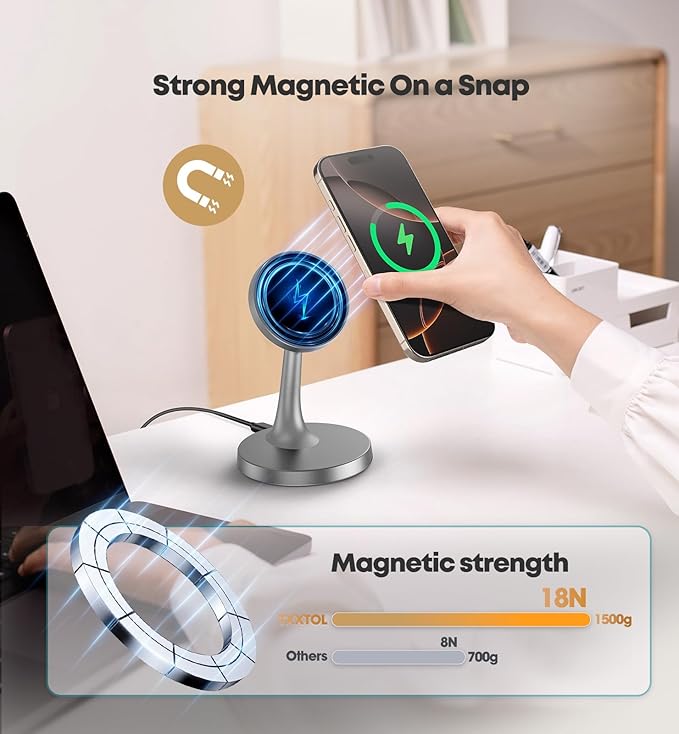Magnetic Wireless Charger iPhone Stand, 15W Fast Mag-Safe Charger iPhone 17/17 Air/17 Pro/17 Pro Max 16/15/14/13/12 Series Magnet Wireless Charging Station/Pad/AirPods for Home, Office, Travel