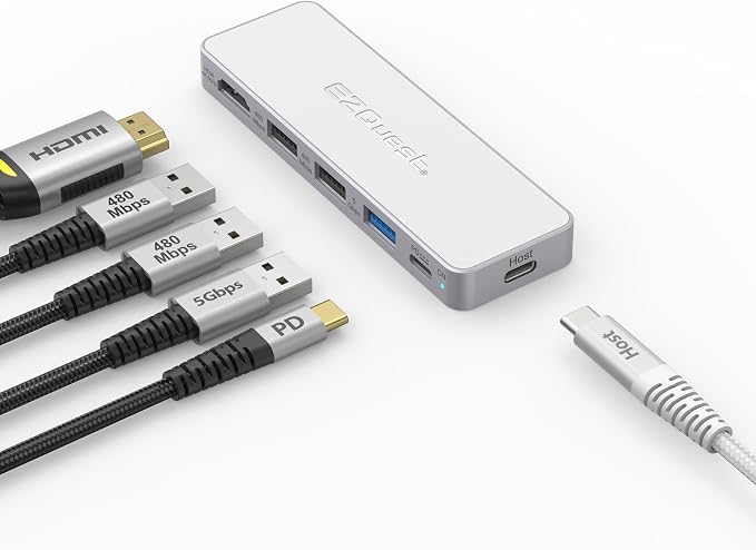 USB-C 5-in-1 Hub Pro Series: 4K 60Hz HDMI, 100W PD Charging, USB 3.0 Data, 20" Detachable Cable. Multiport Adapter for MacBook Pro/Air, iPad, Windows, Thunderbolt 3/4 (Silver White)