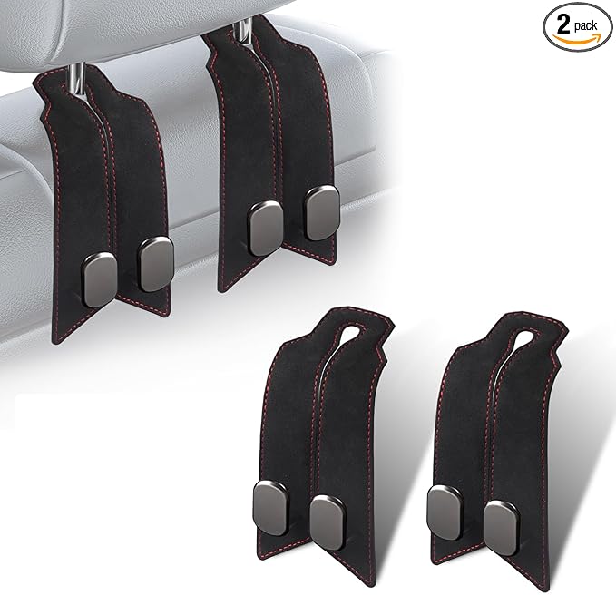 2Pcs Car Headrest Hooks with Premium Leather, Upgraded Double Metal Hooks with Anti-Drop Design, Universal Back Seat Hanger for Bags, Coats, Purses and Groceries (Classic Black)