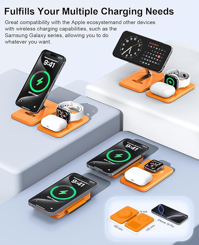 3 in 1 Magnetic Wireless Charger for Apple Multiple Devices, Foldable Fast Charging Station - Magsafe Charger Stand, Travel Charger Pad for iPhone 17 16 15 14 13 12 Series/Apple Watch/AirPods Orange