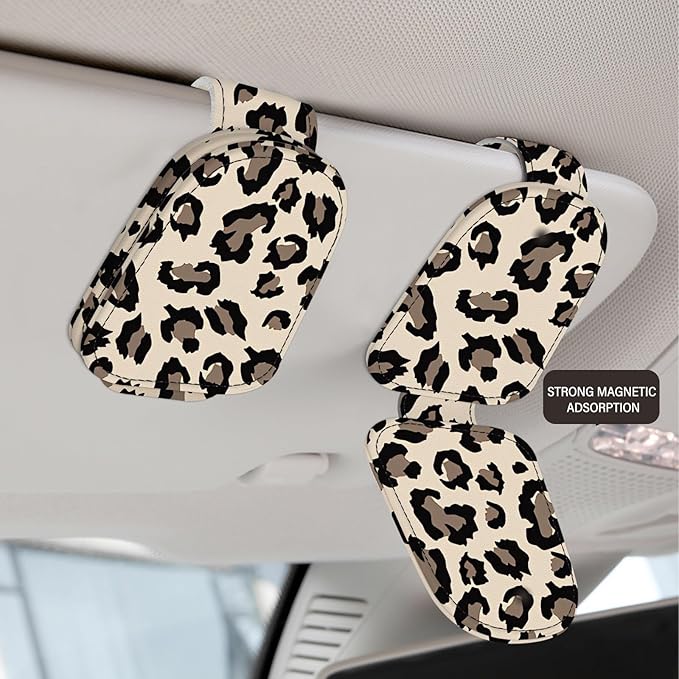2 Pack Sunglass Holder for Car Visor, Universal Magnetic Car Sunglass Holder for Different Size Eyeglasses, Car Visor Accessories (Leopard-Yellow)