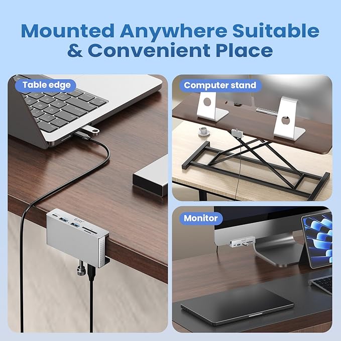 EJAY 5-in-1 Aluminum USB 3.0 Clamp Hub, Desk Edge Docking Station with SD/TF Card Reader, 5Gbps Port Expander with 59" Extra Long Cable for iMac, MacBook, Laptop, PC, Home Office, Silver