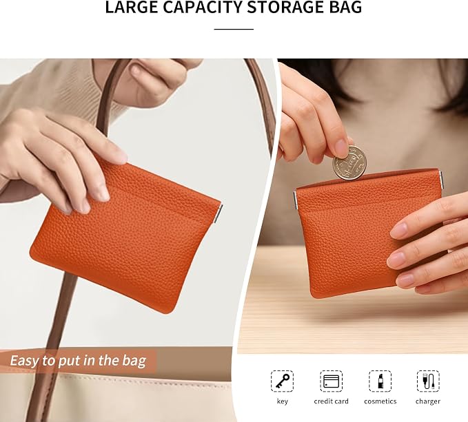 Genuine Leather Squeeze Coin Purse Pouch Change Holder For Men & Women Mini Change Purse Pouch for Pocket, Small Pouch Credit Card Key Headset Lipstick Holder (Orange)