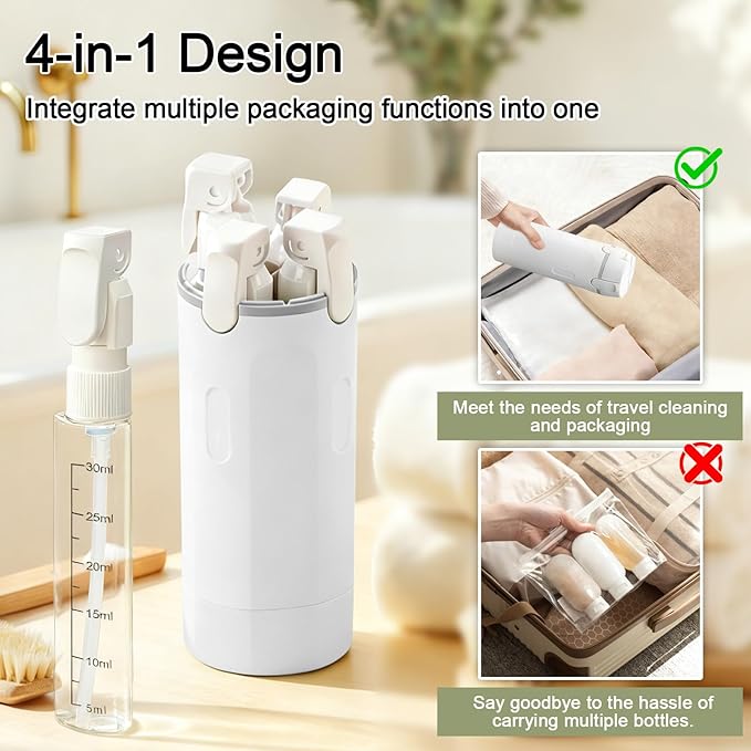 4 in 1 Travel Dispenser Bottles Refillable,Travel Shampoo and Conditioner Bottles，No Spill Space Saving Compact,for Vacation Business Trip(White